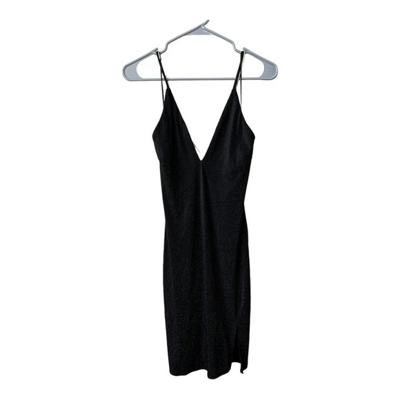 ASTR The Label Women's Size Medium Black Gold Slit Deep V Dress - Picture 1 of 15
